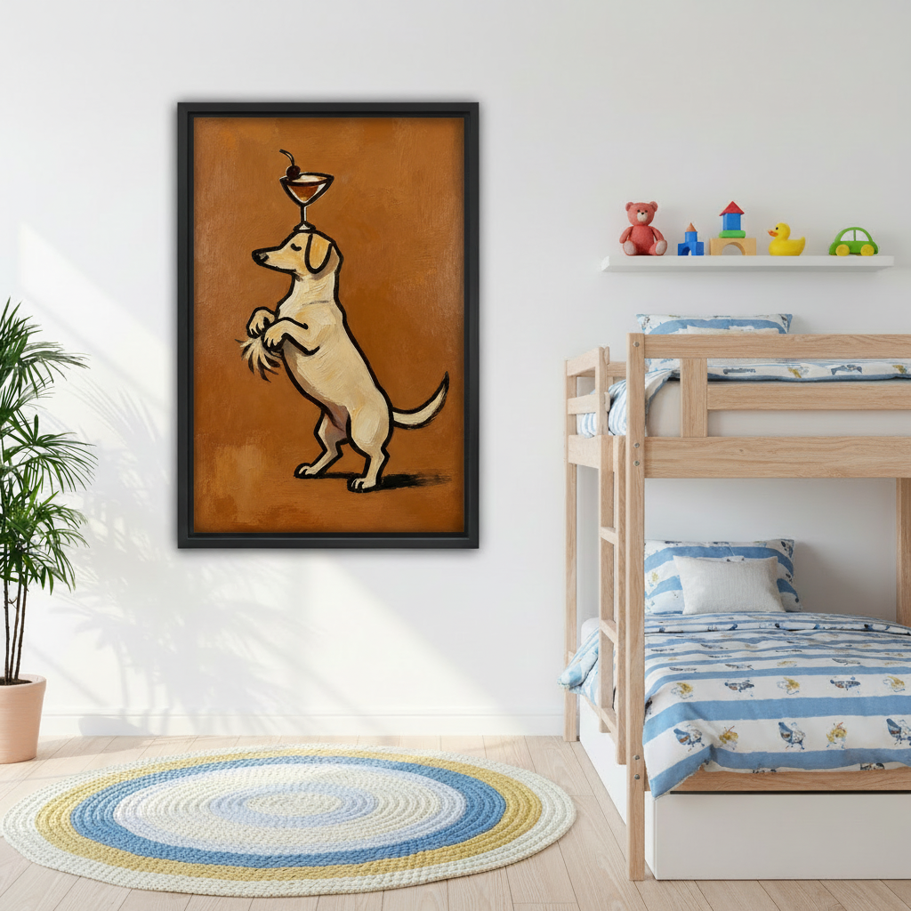 Framed cocktail dog wall art displayed beside wooden bunk beds in a bright children’s room.