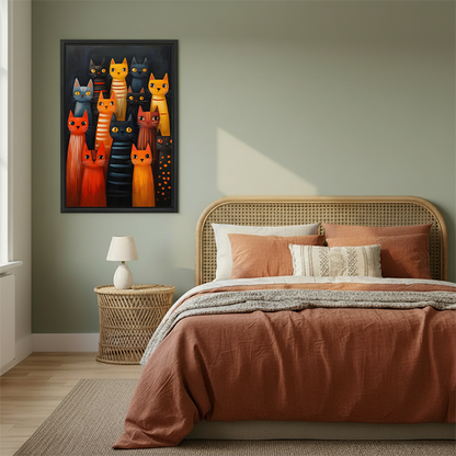 Framed colorful cat canvas wall art featuring a playful cat gallery above a warm neutral bed