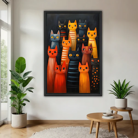 Framed colorful cat canvas wall art featuring a lively feline gallery between leafy plants in a bright room