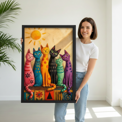 Woman holding framed colorful cats canvas art to demonstrate its vertical scale and hand-painted patterns.