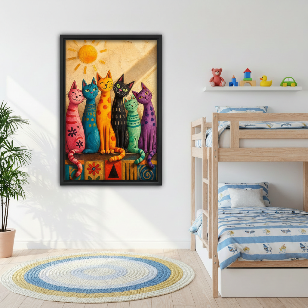 Framed colorful cats wall art displayed beside wooden bunk beds in a bright children’s room.
