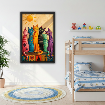 Framed colorful cats wall art displayed beside wooden bunk beds in a bright children’s room.
