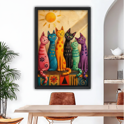 Framed colorful folk art cats canvas wall art displayed beside a dining table in a bright interior.