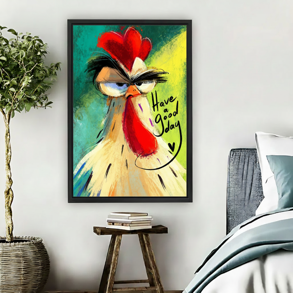 Framed colorful rooster canvas wall art displayed beside a bed in a modern bedroom