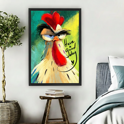Framed colorful rooster canvas wall art displayed beside a bed in a modern bedroom