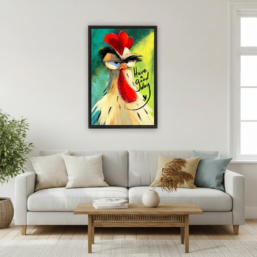 Framed colorful rooster canvas wall art displayed above a sofa in a bright living room