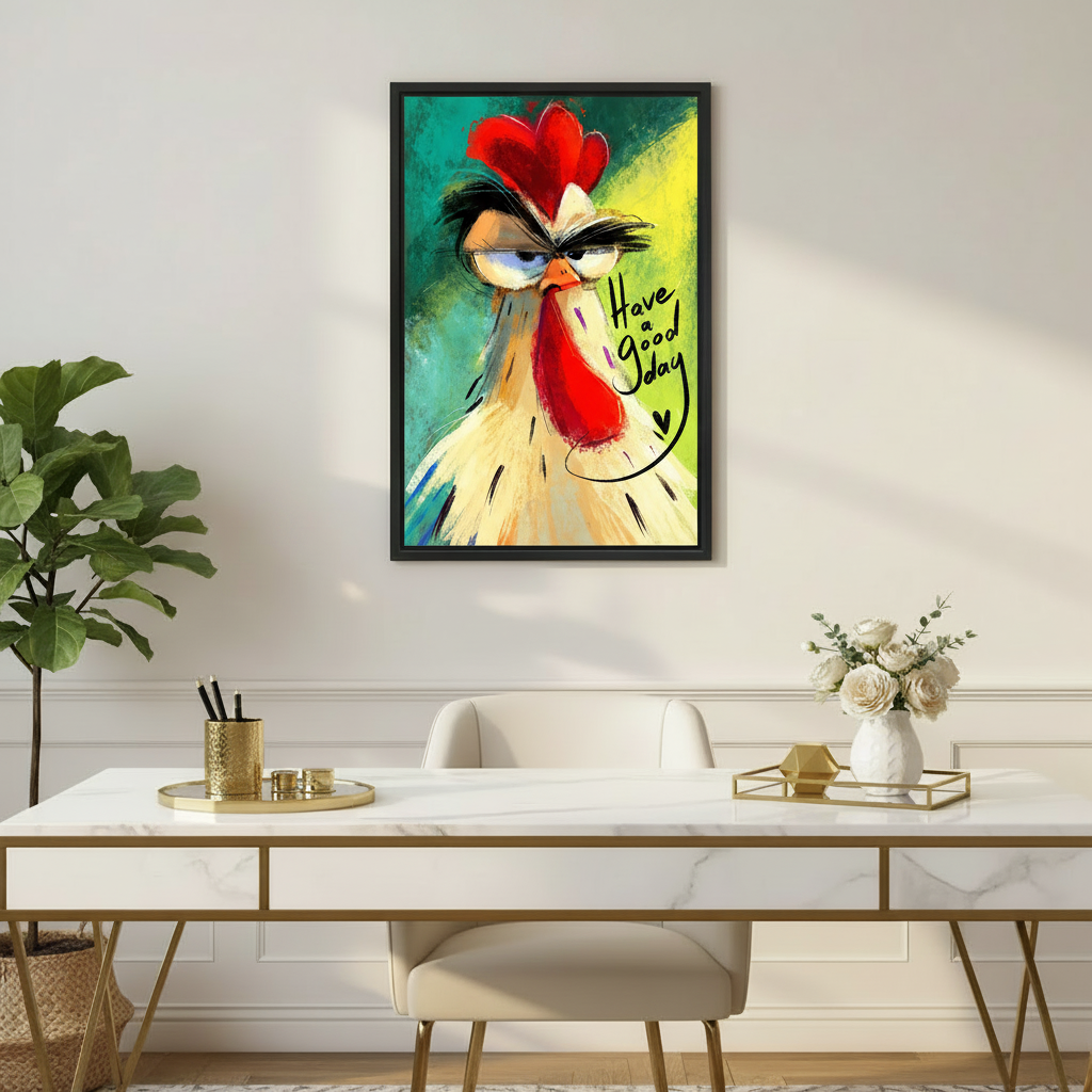 Framed colorful rooster canvas wall art displayed above a dining table in an elegant office