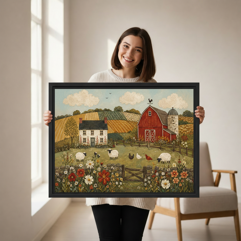 Woman holding framed country farm wall art to demonstrate its horizontal size and detailed pastoral scene.