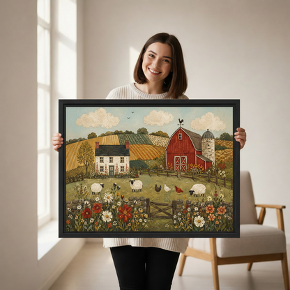 Woman holding framed country farm wall art to demonstrate its horizontal size and detailed pastoral scene.