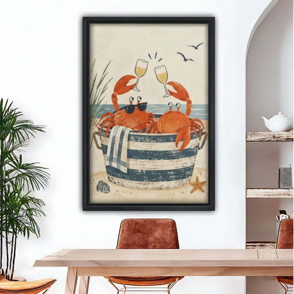 Framed crab coastal canvas wall art displayed above a dining table in a bright dining room