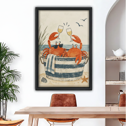 Framed crab coastal canvas wall art displayed above a dining table in a bright dining room