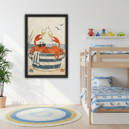 Framed crab coastal canvas wall art displayed in a colorful children's bedroom with bunk beds