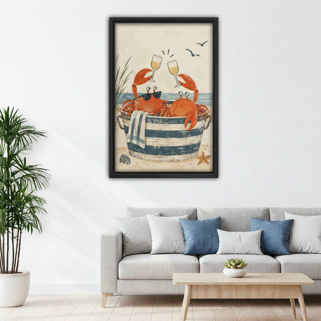 Framed crab coastal canvas wall art displayed above a sofa in a bright living room