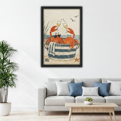Framed crab coastal canvas wall art displayed above a sofa in a bright living room