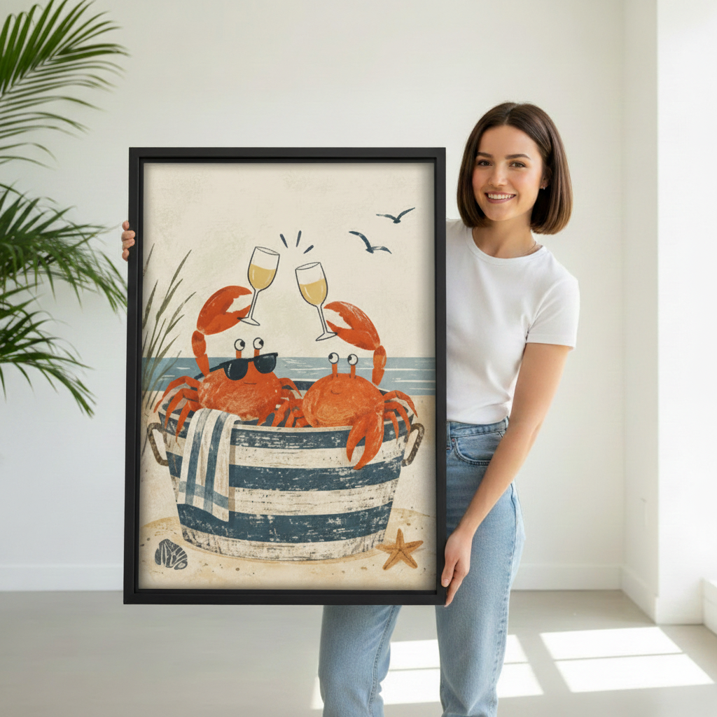 Woman holding framed crab coastal canvas wall art in a bright modern room