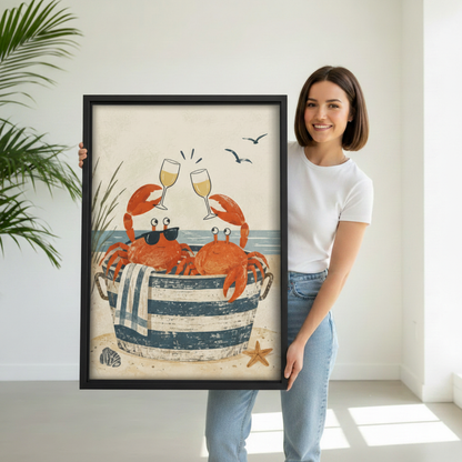 Woman holding framed crab coastal canvas wall art in a bright modern room