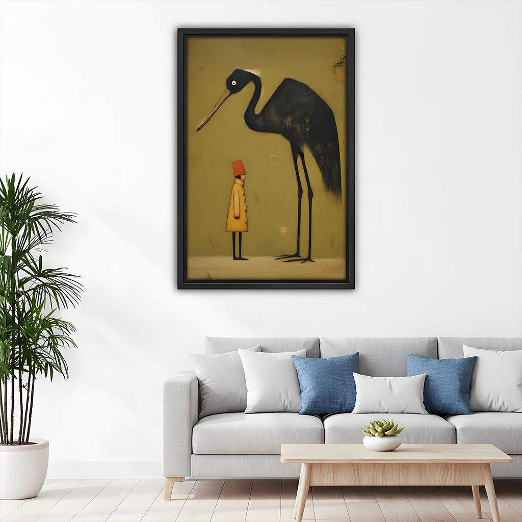Framed crane and child canvas wall art displayed beside a bunk bed in a playful bedroom.