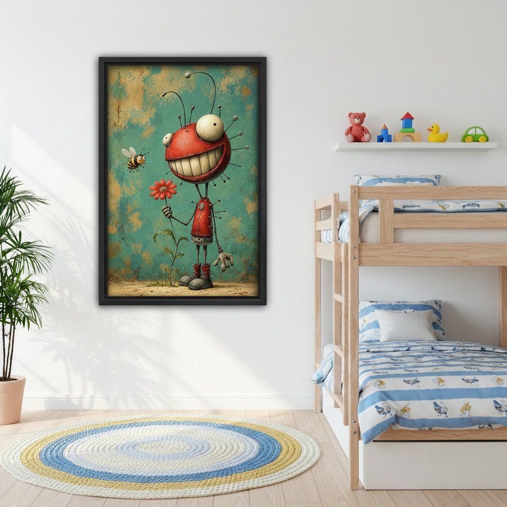 Framed creature and bee wall art displayed beside wooden bunk beds in a bright children’s room.