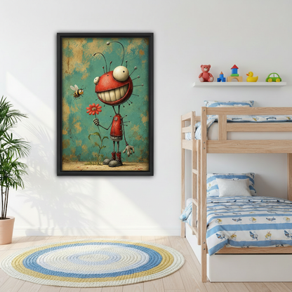 Framed creature and bee wall art displayed beside wooden bunk beds in a bright children’s room.