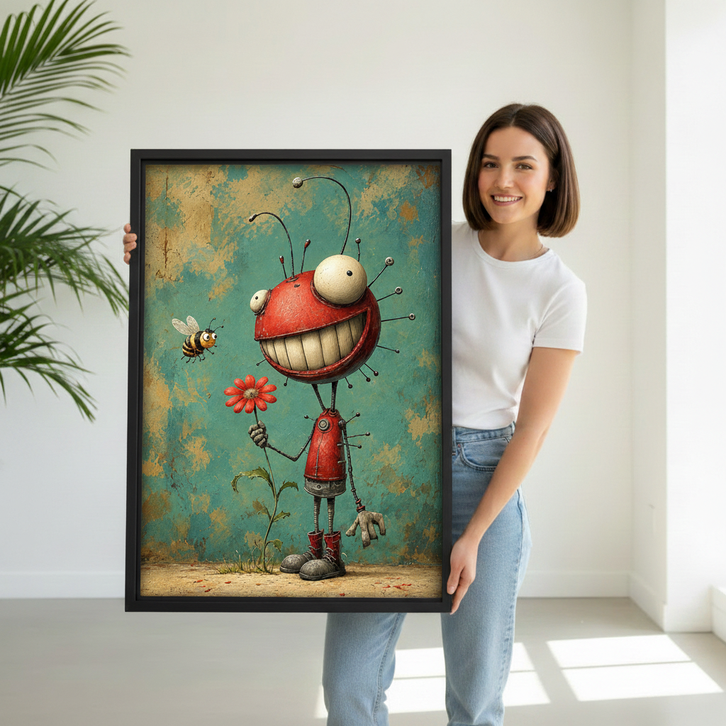  Woman holding framed creature and bee canvas art to demonstrate its vertical scale and playful details.
