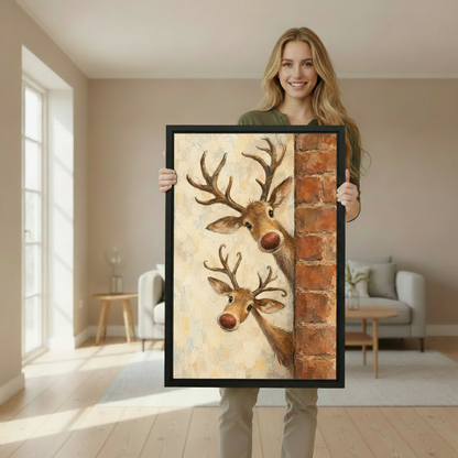 Woman holding framed curious deer canvas wall art to demonstrate its vertical size and appearance.