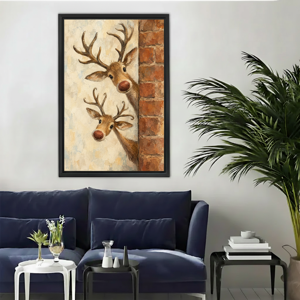  Framed whimsical curious deer canvas wall art displayed above a modern dark blue living room sofa.