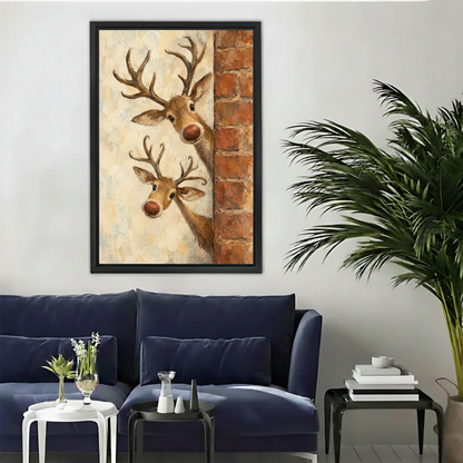  Framed whimsical curious deer canvas wall art displayed above a modern dark blue living room sofa.