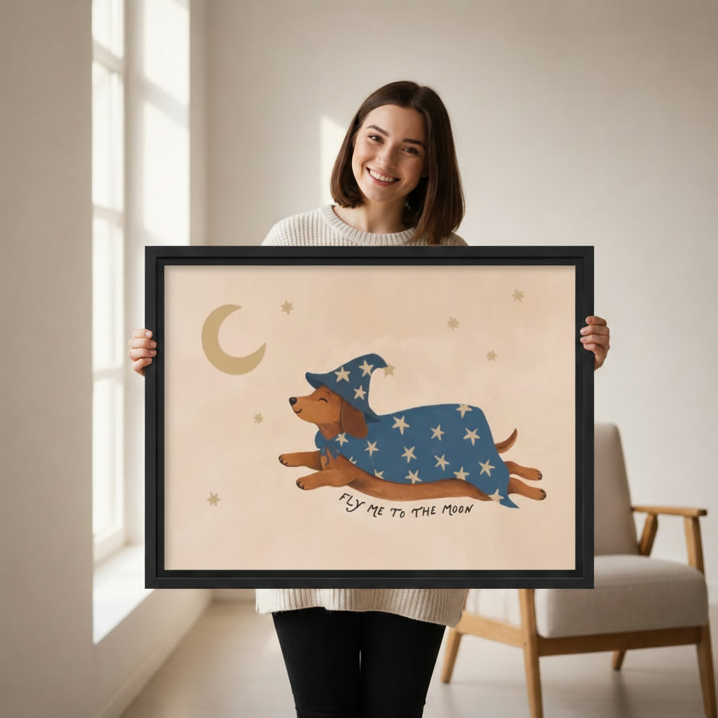 Woman holding framed dachshund moon canvas art featuring a flying dog in a starry wizard cape.