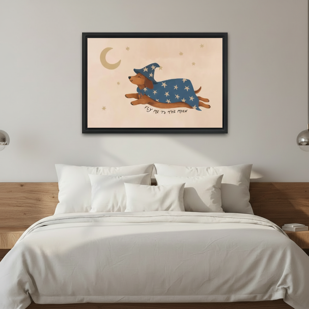  Framed whimsical dachshund moon canvas wall art displayed above a modern bed with white pillows.