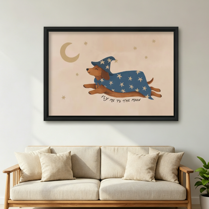 Framed whimsical dachshund moon canvas wall art displayed above a cream sofa in a bright living room.