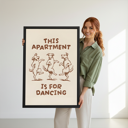Framed dancing dogs apartment canvas wall art displayed above a warm neutral bed in a cozy bedroom