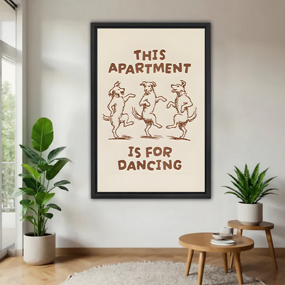 Framed dancing dogs apartment canvas wall art displayed between leafy plants in a bright living room