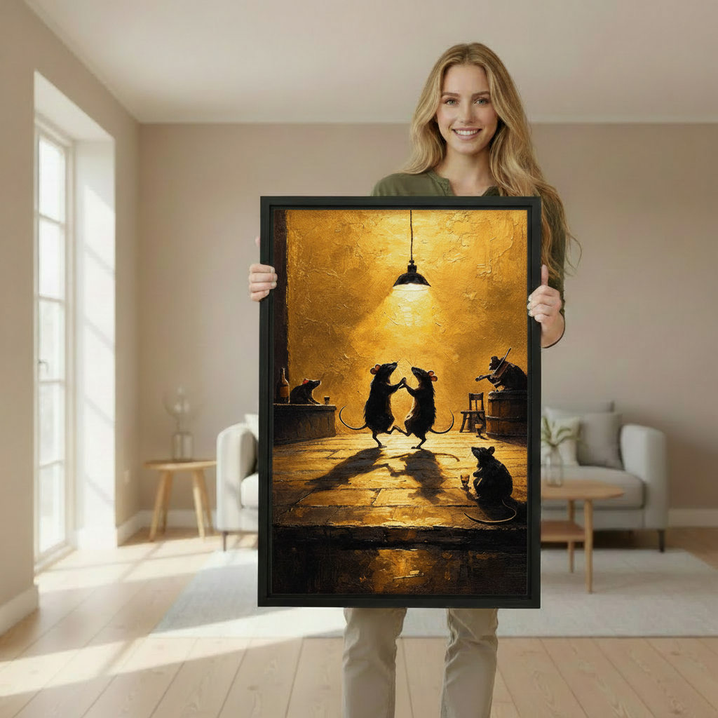 Woman holding framed dancing mice canvas wall art to demonstrate its vertical size and appearance.