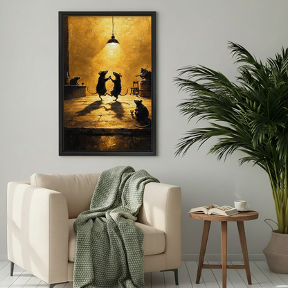 Framed dancing mice canvas wall art displayed above a cozy cream reading chair.