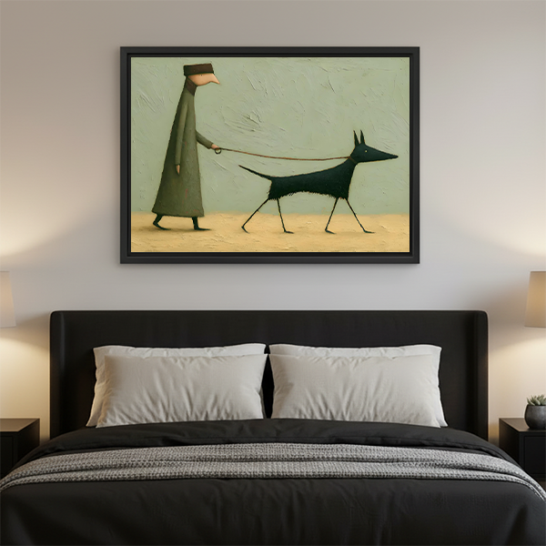 Framed whimsical dog walking art print displayed above a bed as bedroom wall decor, featuring a stylized figure and dark dog