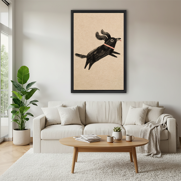 Framed black dog canvas art hung above white sofa in bright Scandinavian living room, whimsical pet wall decor