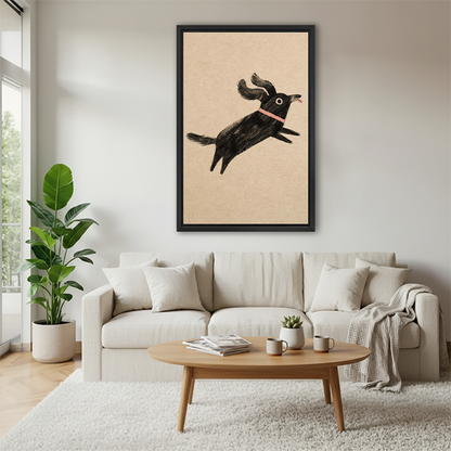Framed black dog canvas art hung above white sofa in bright Scandinavian living room, whimsical pet wall decor