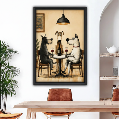 Framed dog dinner canvas wall art displayed above a dining table with plants