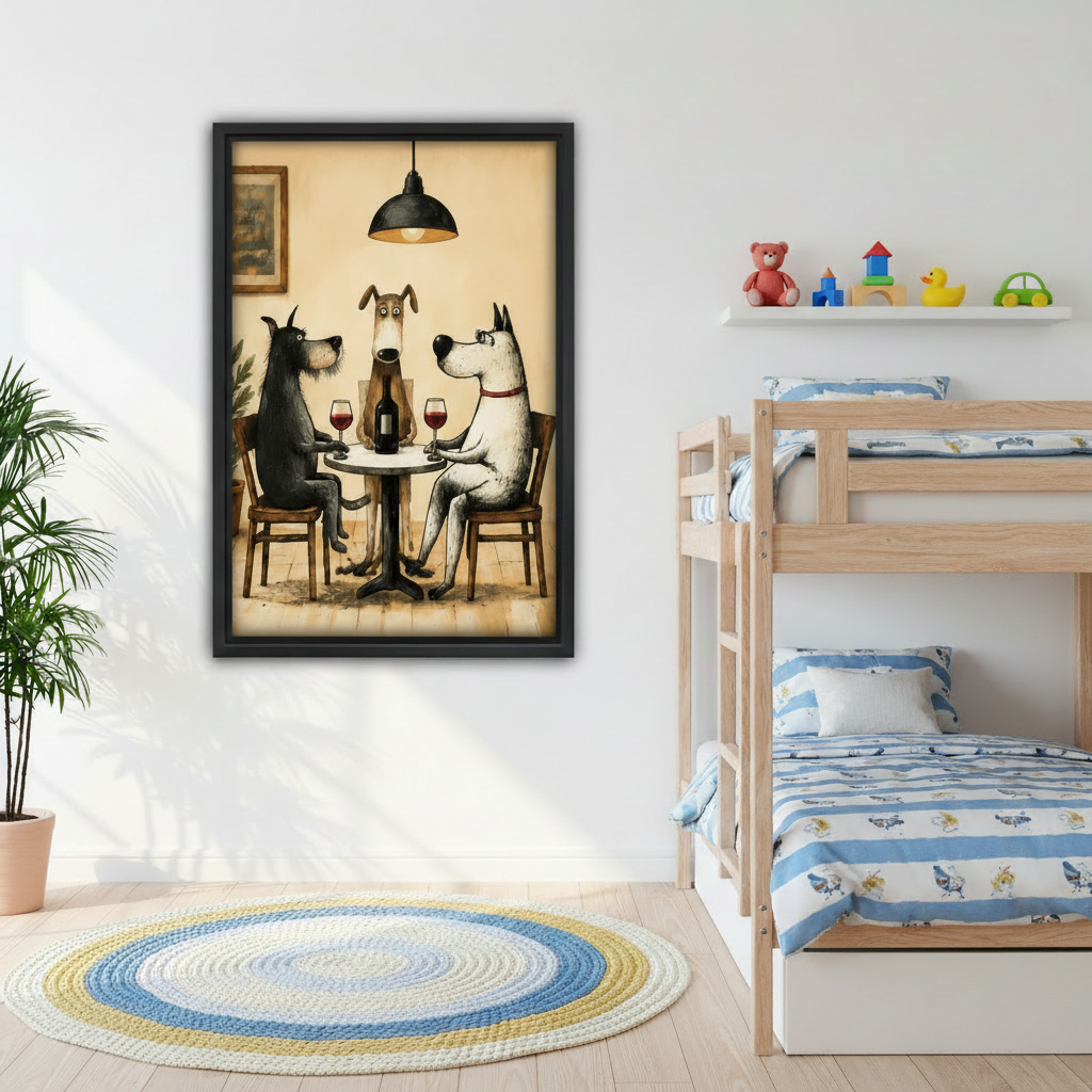 Framed dog dinner canvas wall art displayed in a colorful children's bedroom