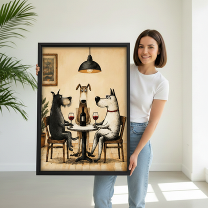 Woman holding framed dog dinner canvas wall art in a bright modern room