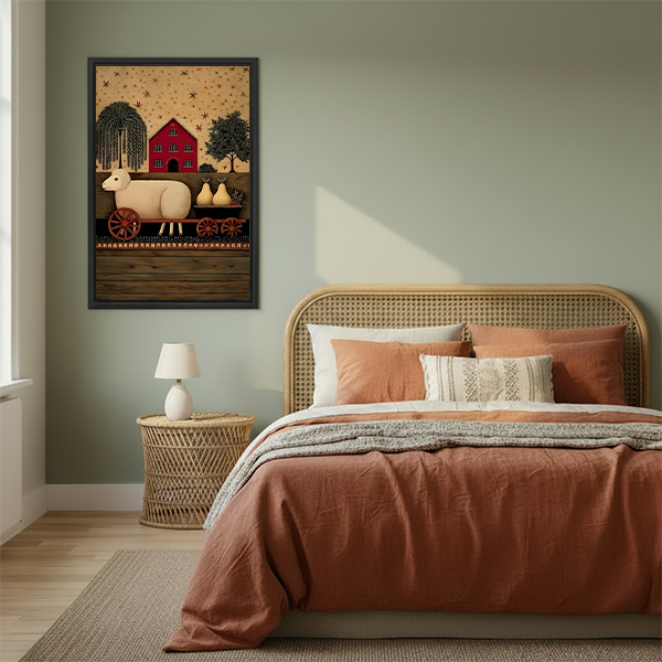 Framed farmhouse sheep canvas wall art displayed above plants beside a small round table in a bright room