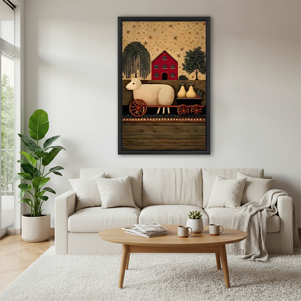 Farmhouse sheep canvas wall art displayed on a bright wall beside leafy plants and a small table