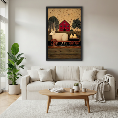 Farmhouse sheep canvas wall art displayed on a bright wall beside leafy plants and a small table