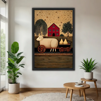 Woman holding framed farmhouse sheep canvas wall art in a bright room, showing the artwork's scale