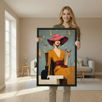 Framed fashion woman and black cat canvas wall art hanging above a navy sofa and side tables.