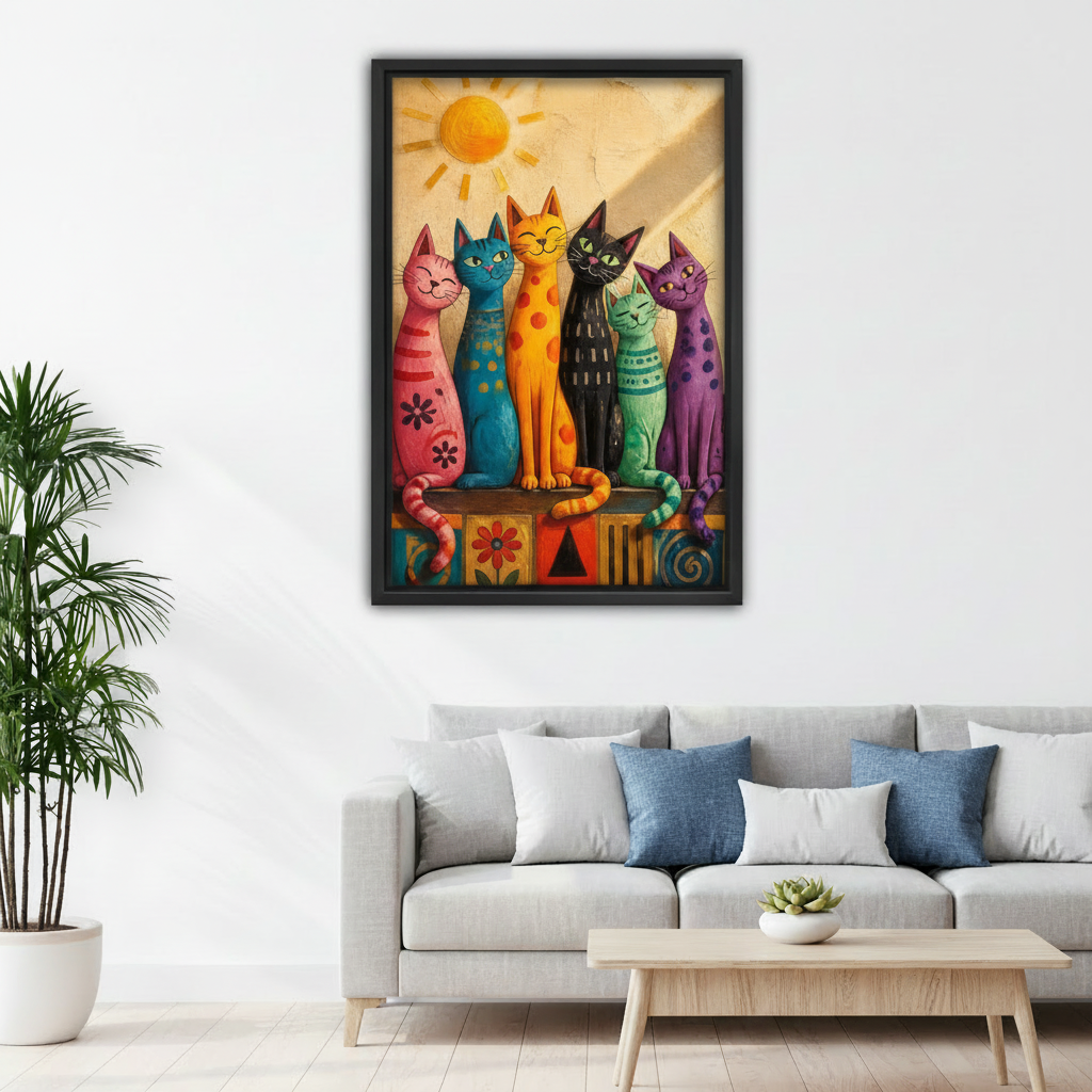  Framed folk art cats canvas wall art displayed above a white sofa with blue accent pillows.