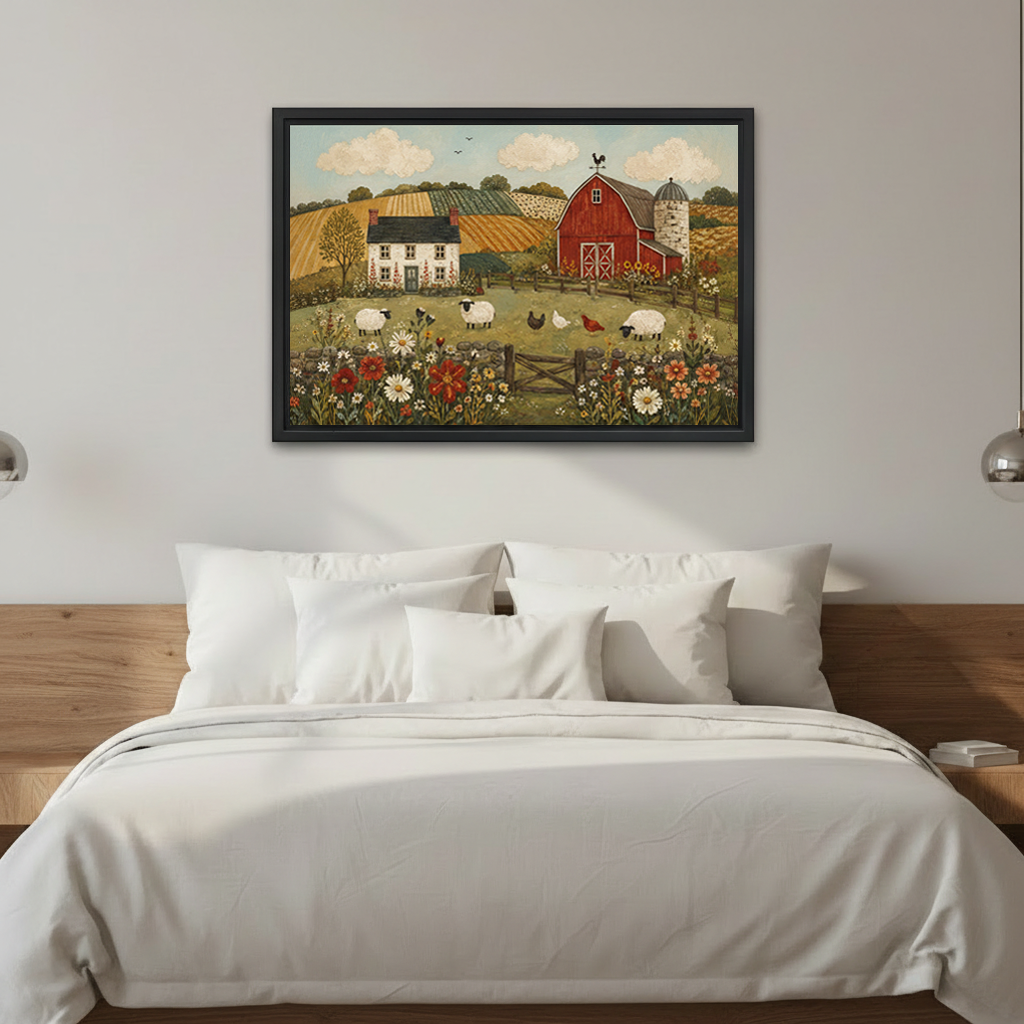  Framed folk art farm landscape canvas wall art displayed above a modern bed with white pillows.