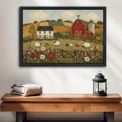  Framed folk art farm landscape wall art displayed above a wooden entryway table with black lantern.
