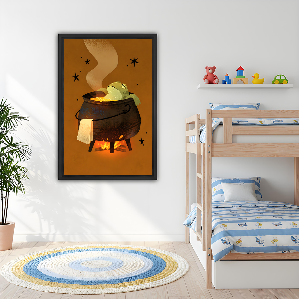 Framed frog cauldron canvas wall art displayed above a wooden console with a lantern.