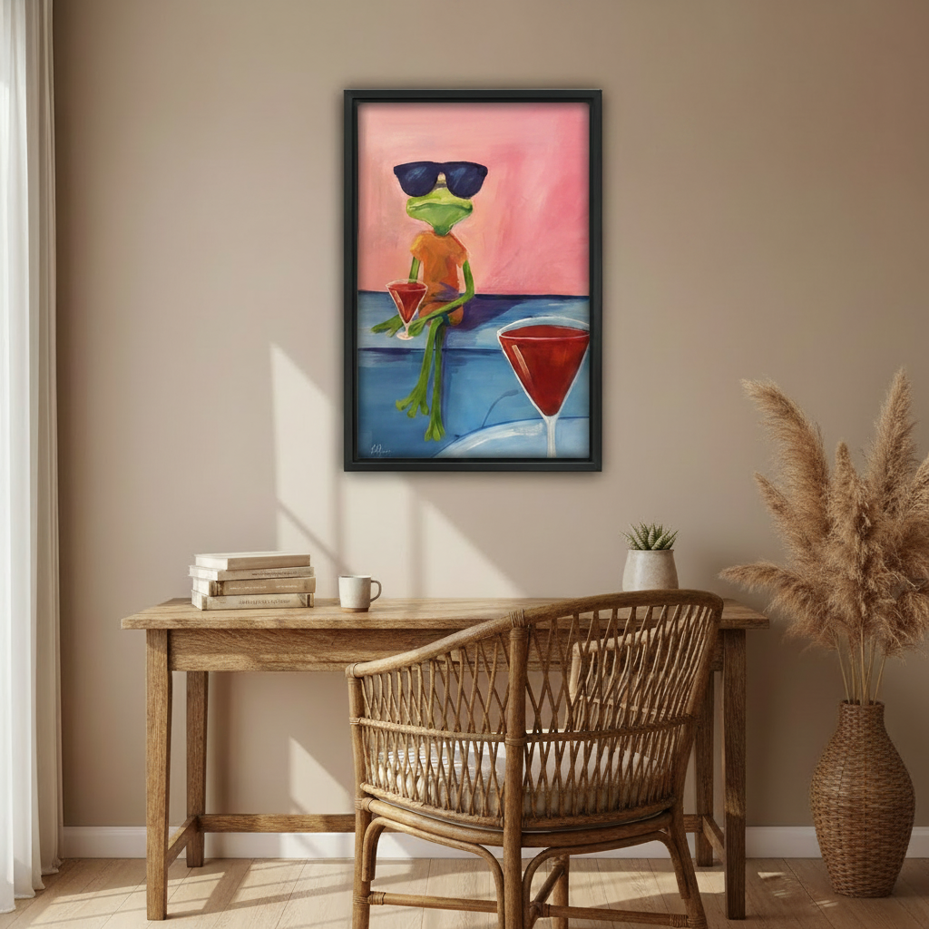 Frog martini wall art in a warm home office with a wooden desk